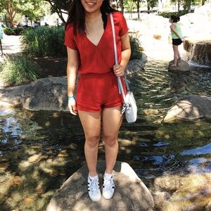 Red-orange wrap romper